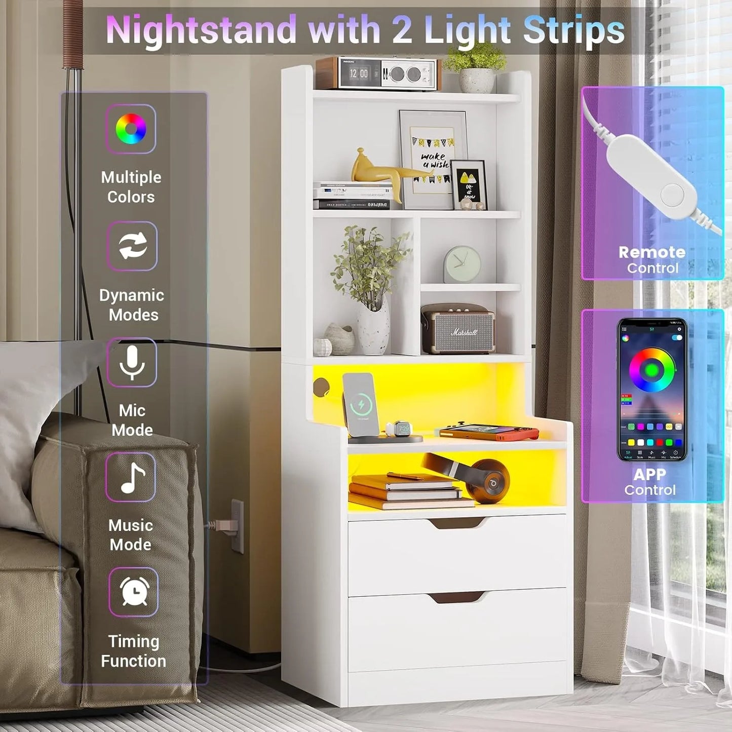 Nightstand Tall with Charging Station & LED Lights White LED Nightstand with Bookshelf, Bedside Table or End Table with Shelves and 2 Drawers