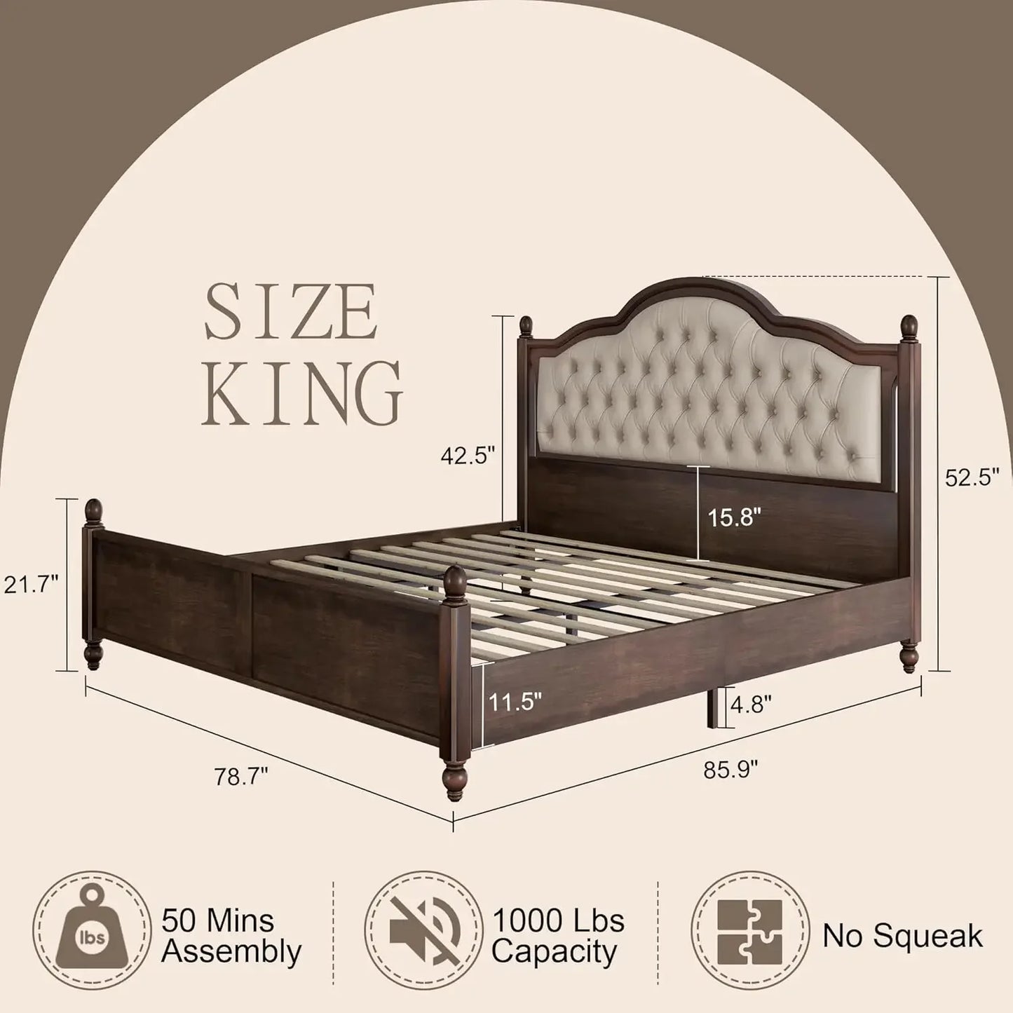 Bed Frame King Size, Solid Wood, Transitional Platform with Headboard, Rubberwood/Roman Column Accents/Wood Slat,Walnut