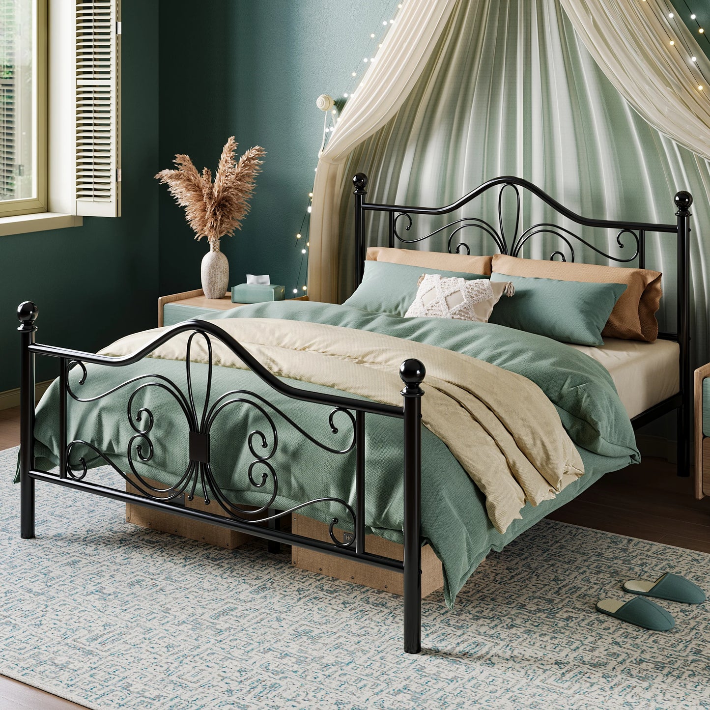 Bed Frame Queen Size or Full Size or Twin Size, Platform Metal Bed Frame with Butterfly Pattern Design Headboard & Footboard Alleiwe