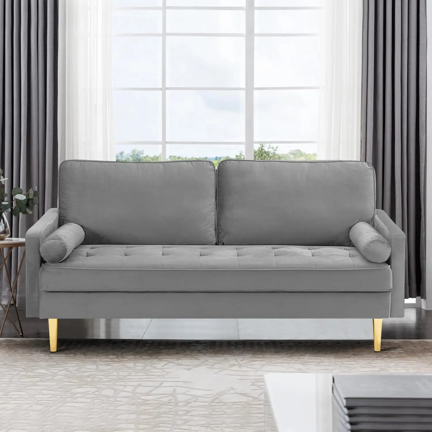 Living Room, Sofa 67" Modern Velvet Loveseat Sofa Couch, Mid-Century Tufted Upholstered Small Love Seat Couch with 2 Pillows & 4 Golden Legs