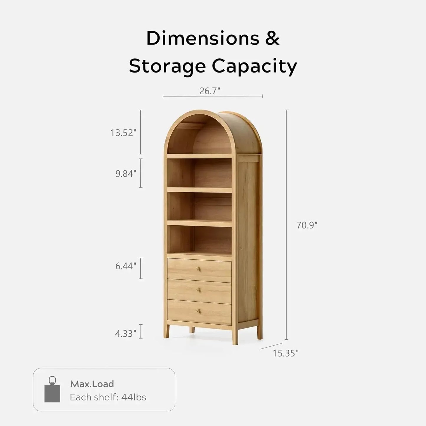 Tall Arched Cabinet, 4-Tier Arched Bookcase Display Cabinet with 3 Drawers and Shelves, Modern Farmhouse Bookshelf 71"