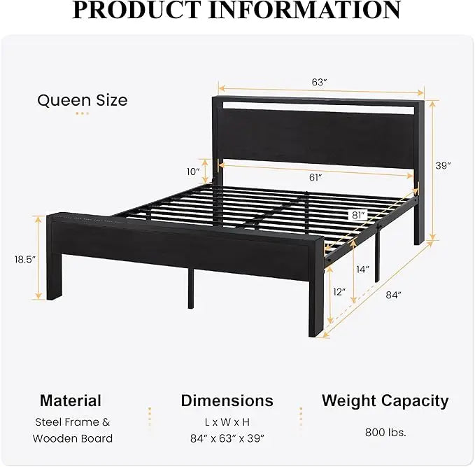 Bed Frame Metal Platform King Size, Queen Size or Full Size with Wooden Headboard and Footboard, Mattress Foundation, No Box Spring Needed