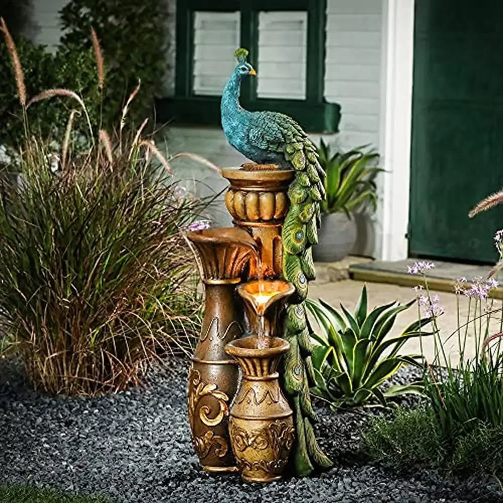 Peacock Pedestal Garden Fountain LED Light Resin Outdoor Urn Water Feature Durable Lightweight Patio Decor 44" Tall Waterfall