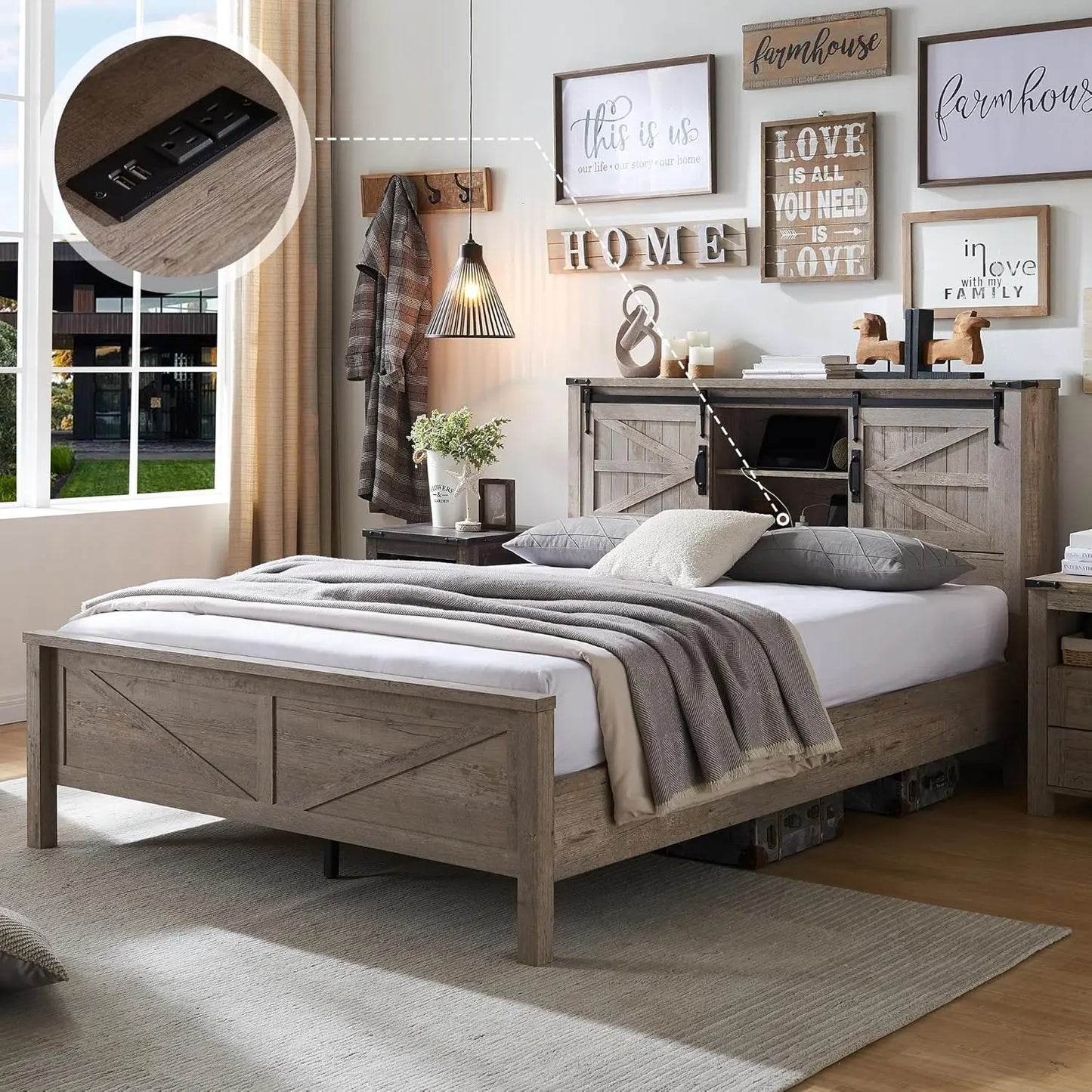 Bed Frame King Size or Queen Size W/Storage Bookcase Headboard, Charging Station, Wood Slats Support, No Box Spring Needed, Wood Platform Bed