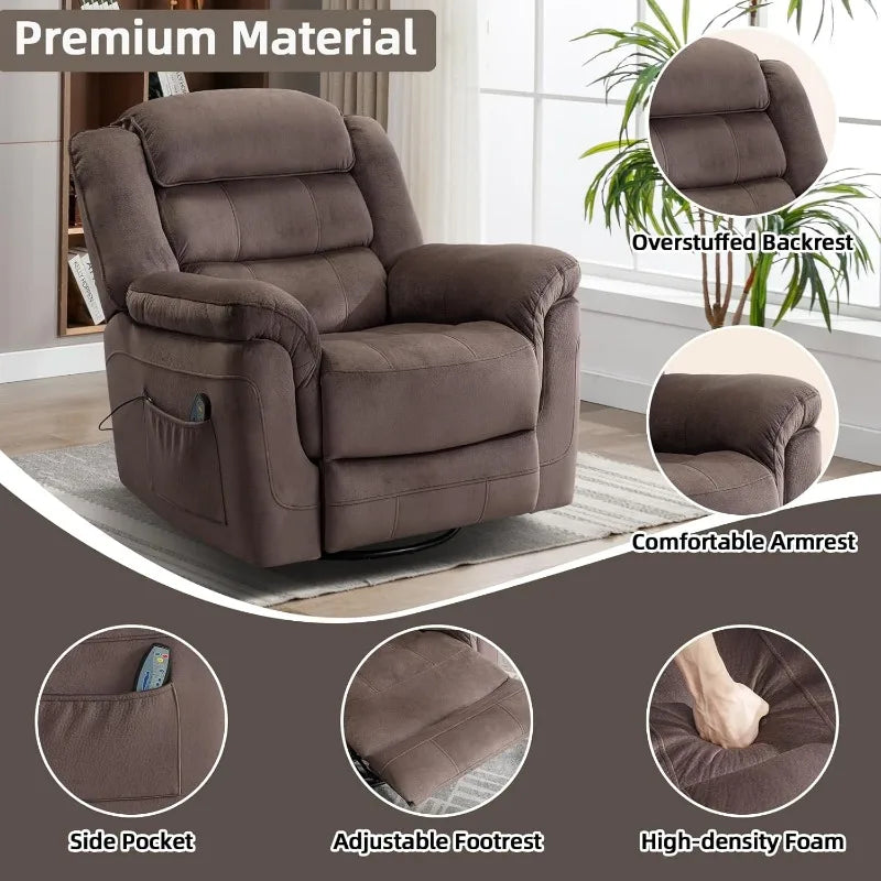 Chair Swivel Rocker Recliner with Massage and Heat, 360° Swivel Recliner Chairs for Adults Recliner, Overstuffed Backrest and Seat