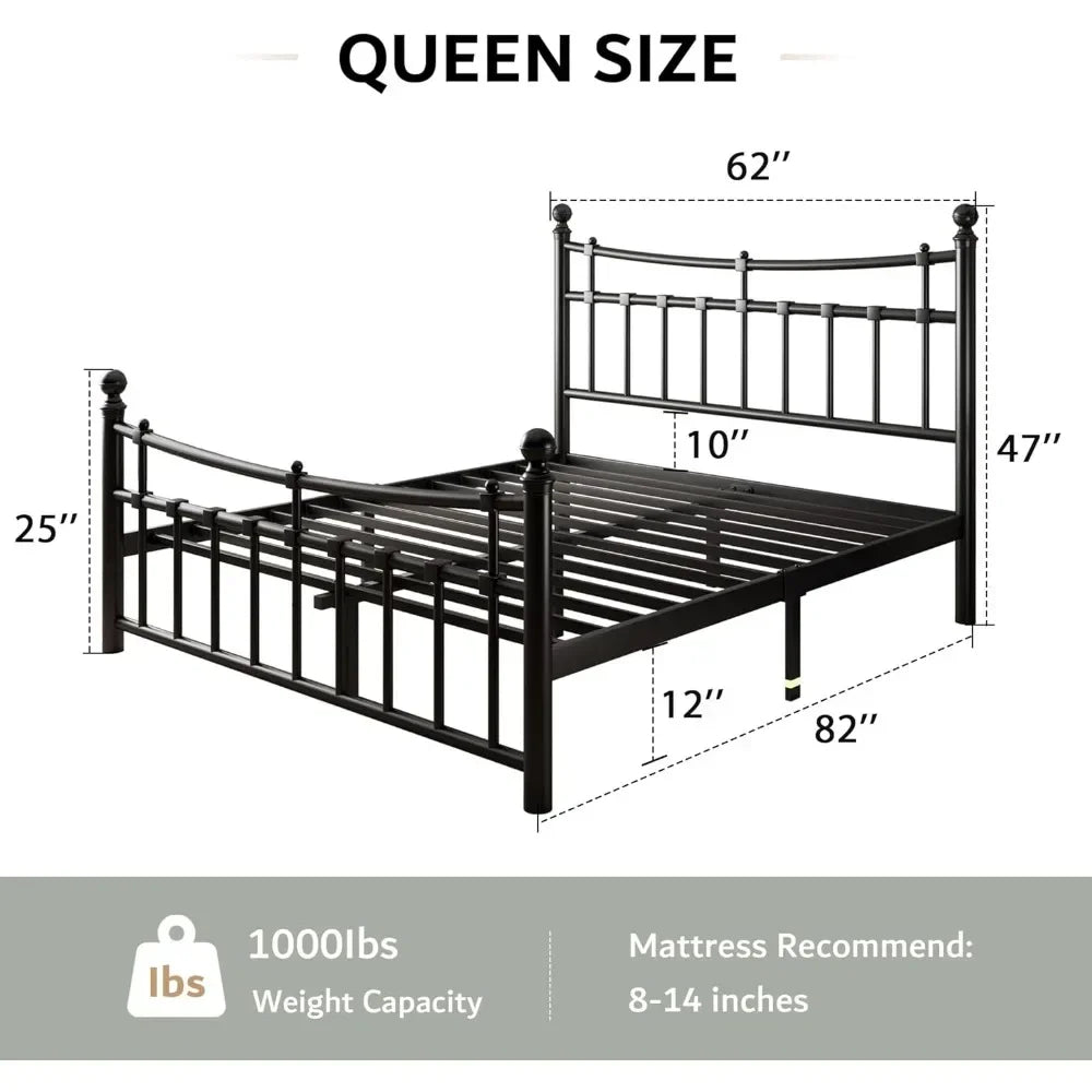 Bed Frame Queen Size with 14 Steel Slats Support, Iron-Art Headboard and Footboard, 14 Inch Metal Platform Bed Frame