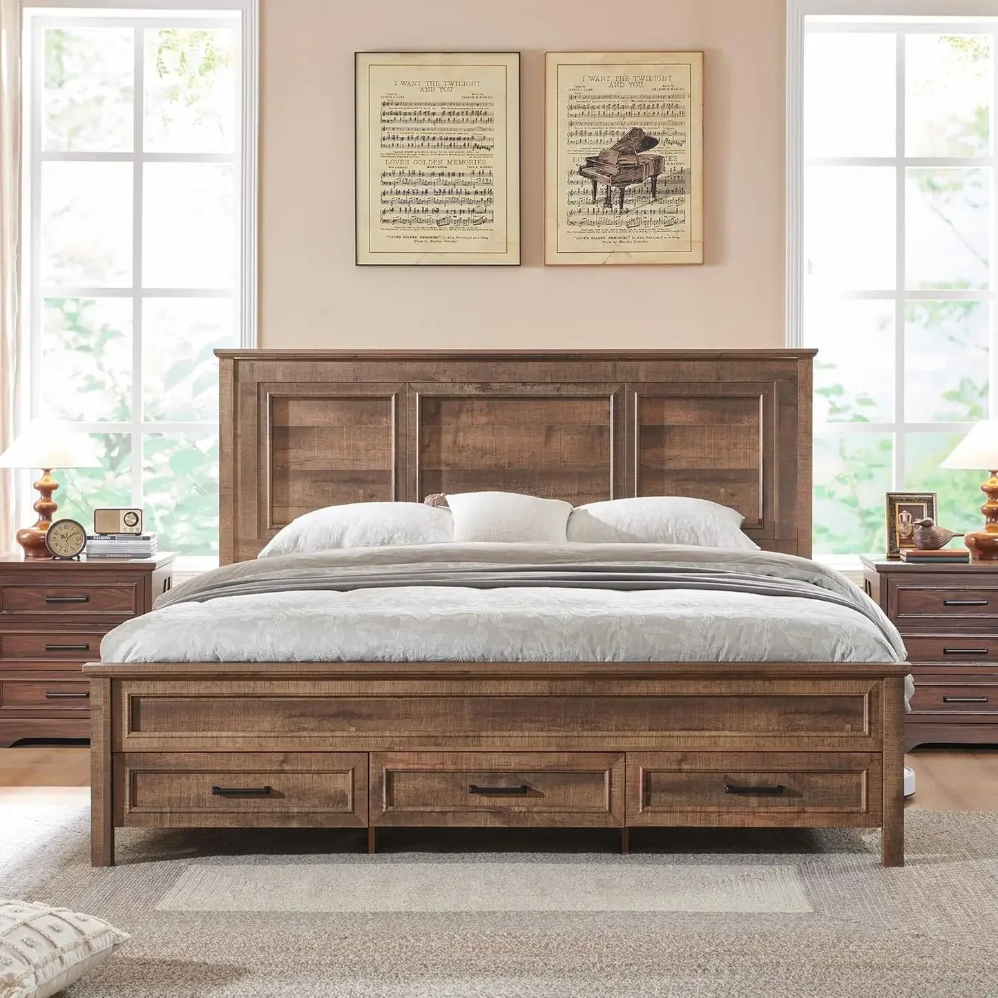 Bed Frame Farmhouse Queen Size with 52" Tall Full-Panel Headboard, Wood Platform Bedframe with Footboard and Storage Drawers