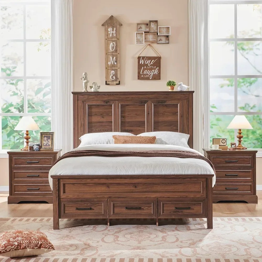 Bed Frame Queen or Full size with 52" Tall Full-Panel Headboard, Wood Platform Bedframe with Footboard and Storage Drawers, No Squeak, No Box Spring Needed