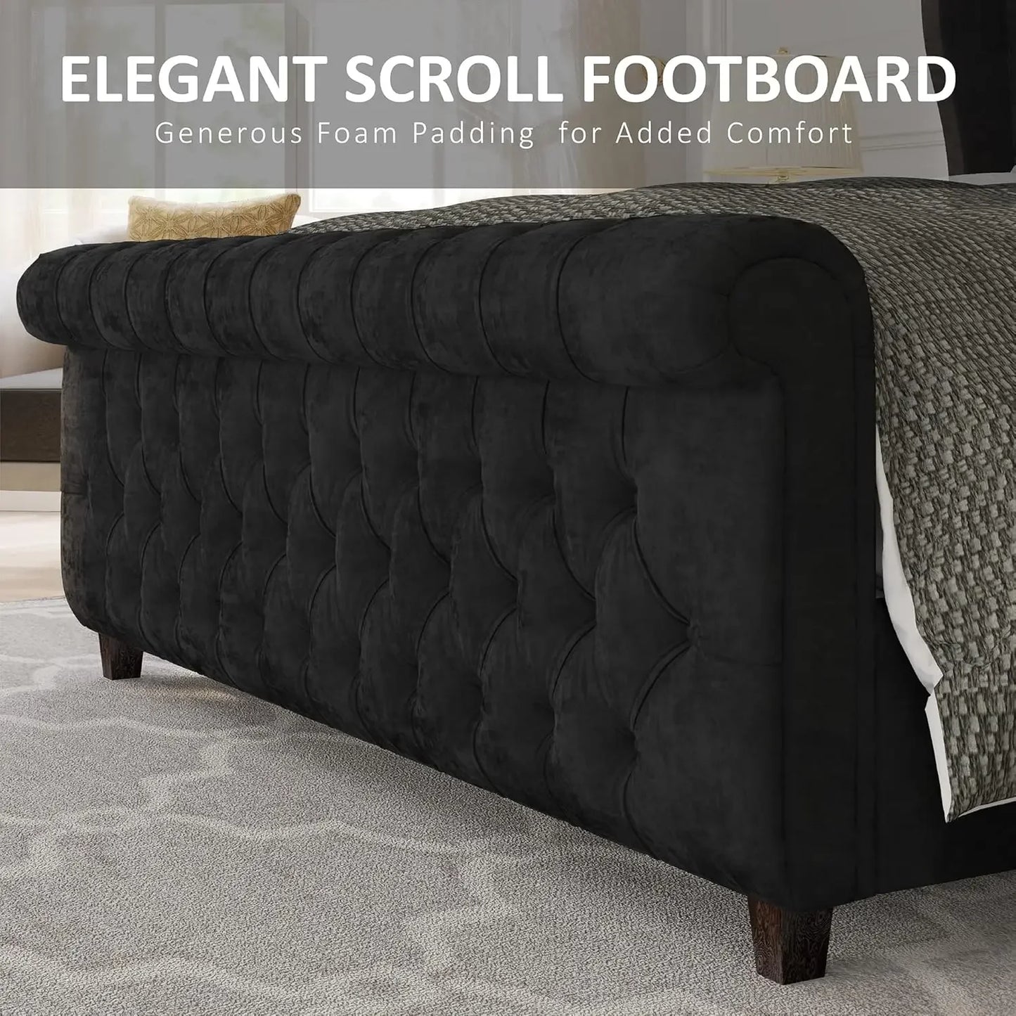 Platform Bed Frame King Size, Velvet Upholstered Sleigh Bed with Scroll Headboard & /Button Tufted/No