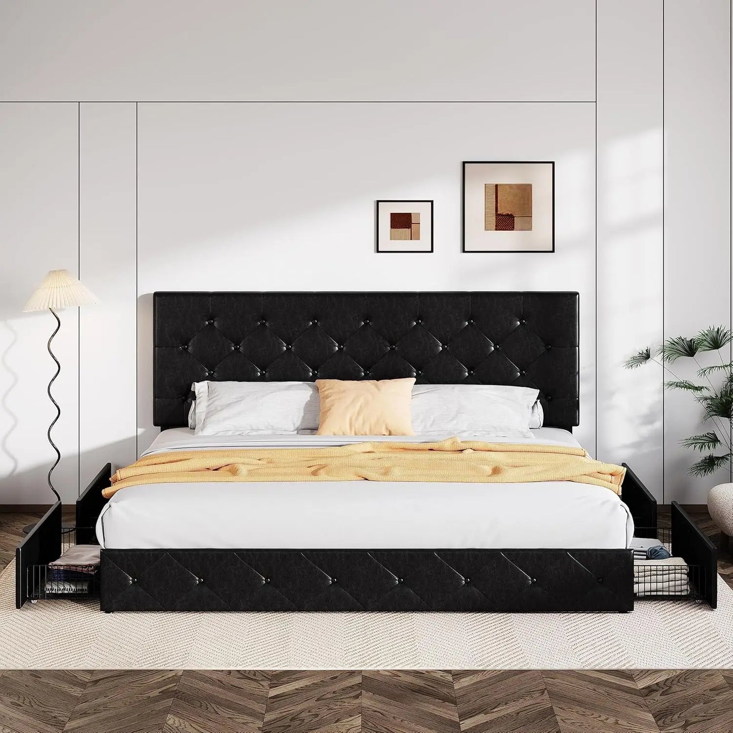 Bed Frame Black Metal King Size Faux Leather Platform with 4 Drawers, Adjustable Headboard, No Box Spring Needed