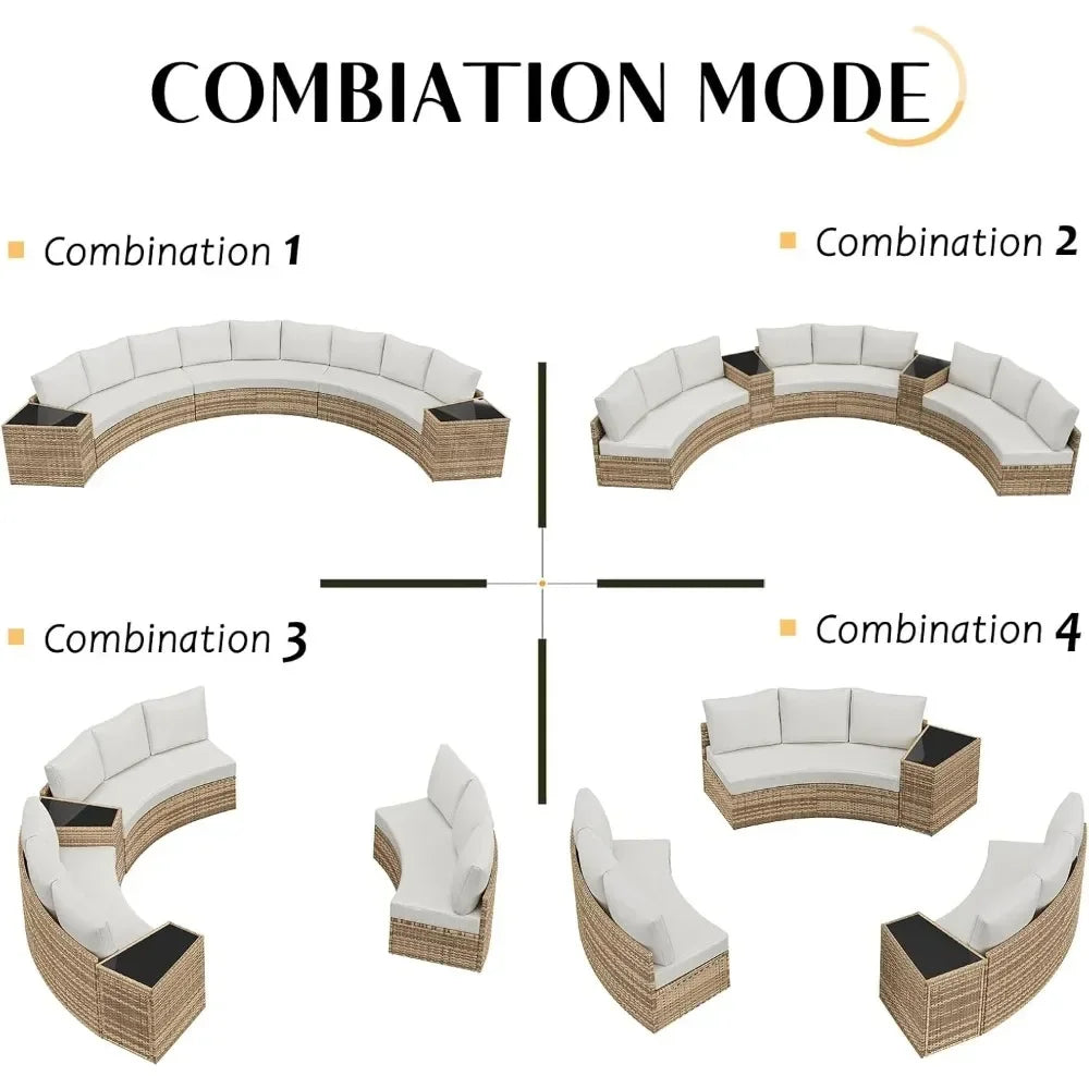 Patio Set Conversation Set, 11 Piece Half-Moon Sectional Round Patio Furniture Set with Large Storage Wedge Table Wicker Sofa Set