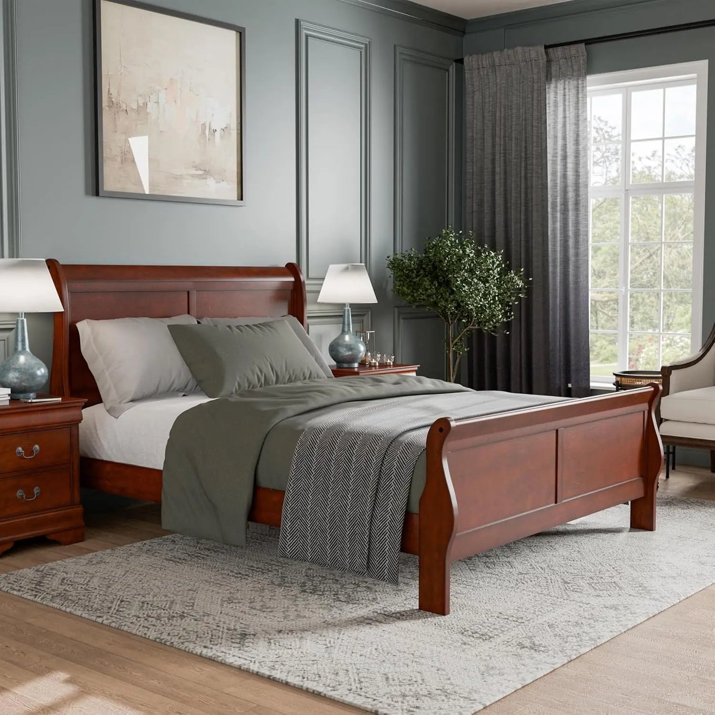 USA Dannen Furniture, Alicia Traditional Wood Queen Bed Frame With Headboard And Footboard, Elegant Sleigh Design Bedframe For