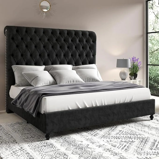 Bed Frame Queen Size or King Size with Sleigh Headboard, Velvet Upholstered Platform Beds, King Size Bed Frame