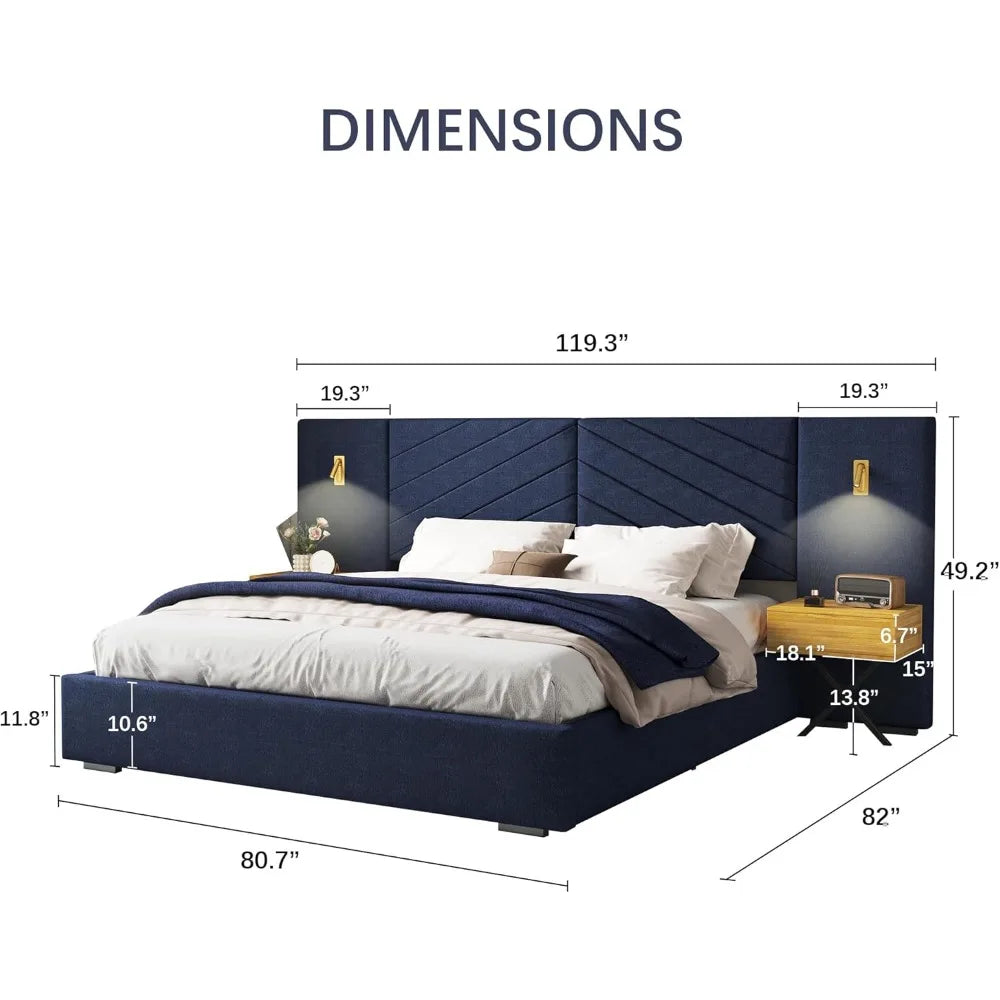 Bed Frame with Built-in Gold LED Lights and Nightstands, Luxury King Size or Queen Size Platform Bed with Oversize Upholstered Headboard