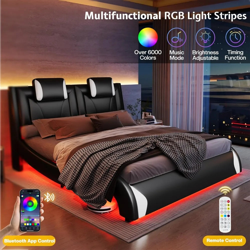 Modern Artificial Leather Floating Queen Size or Full Size Bed Frame, LED Bed Frame, Cushioned Platform, Wave Curve Design