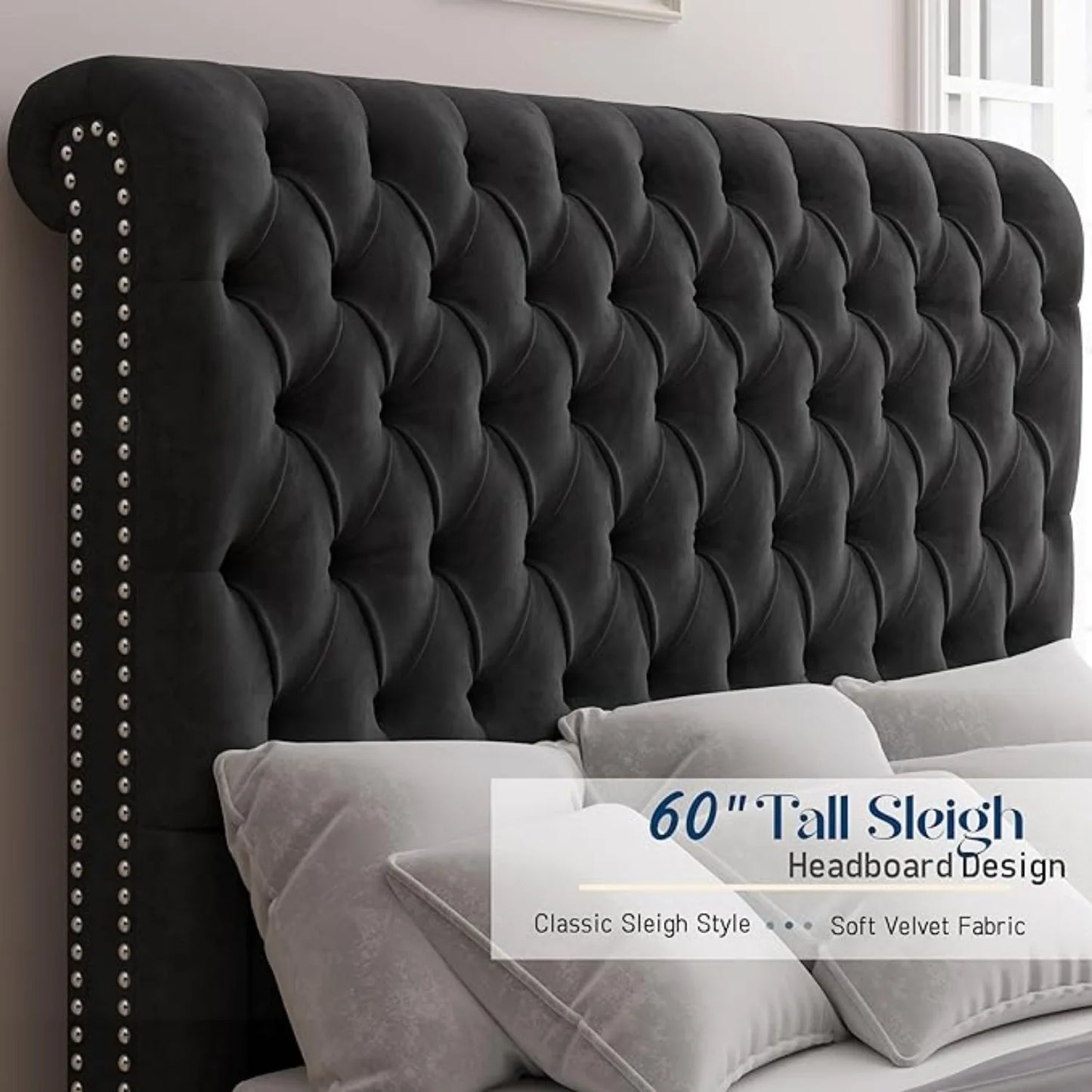 Bed Frame Queen Size or King Size with Sleigh Headboard, Velvet Upholstered Platform Beds, King Size Bed Frame