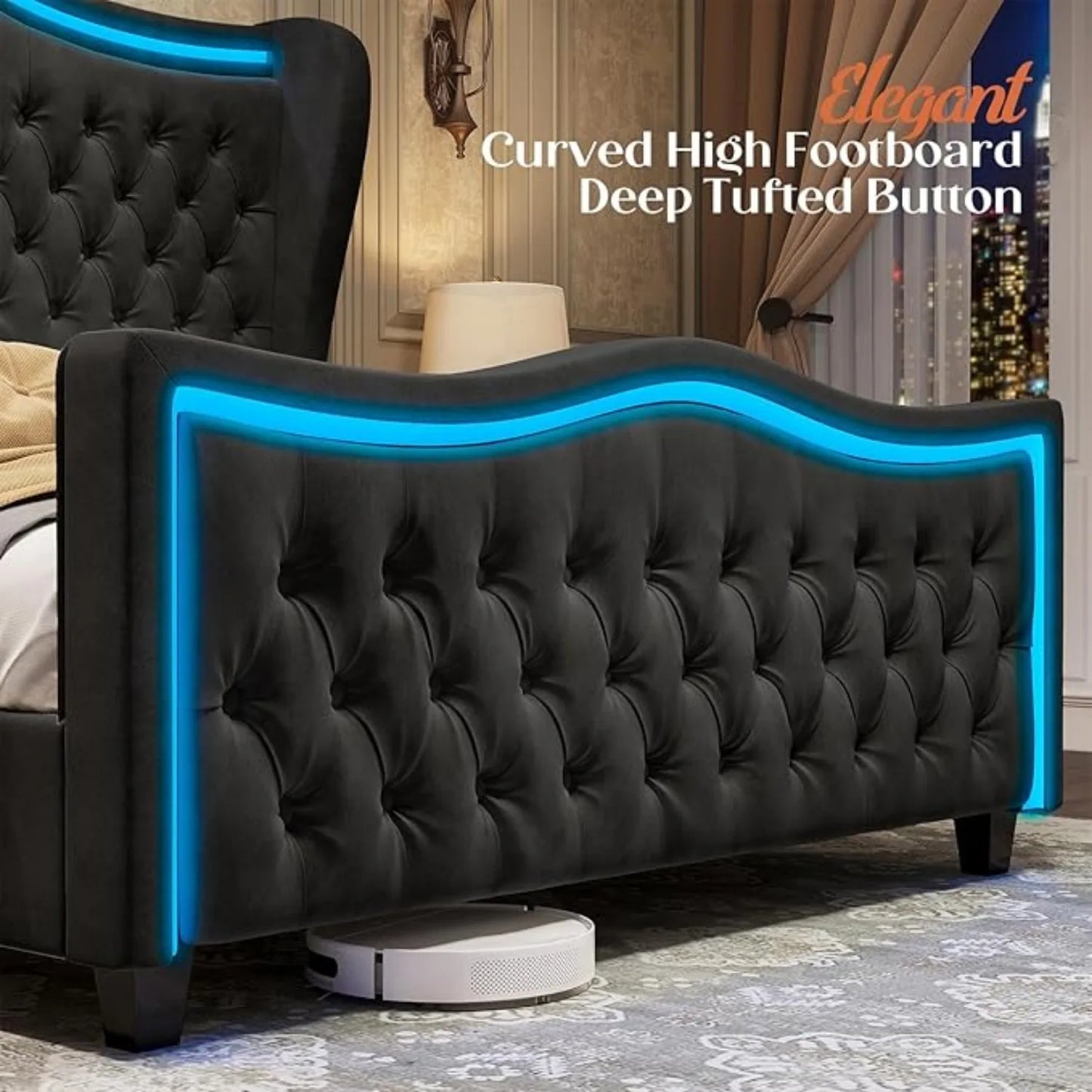 Bed Frame King Size or Queen Size w/LED Lights, 53'' Upholstered Platform Wingback Bed w/Handmade Deep Button Tufted Headboard Footboard