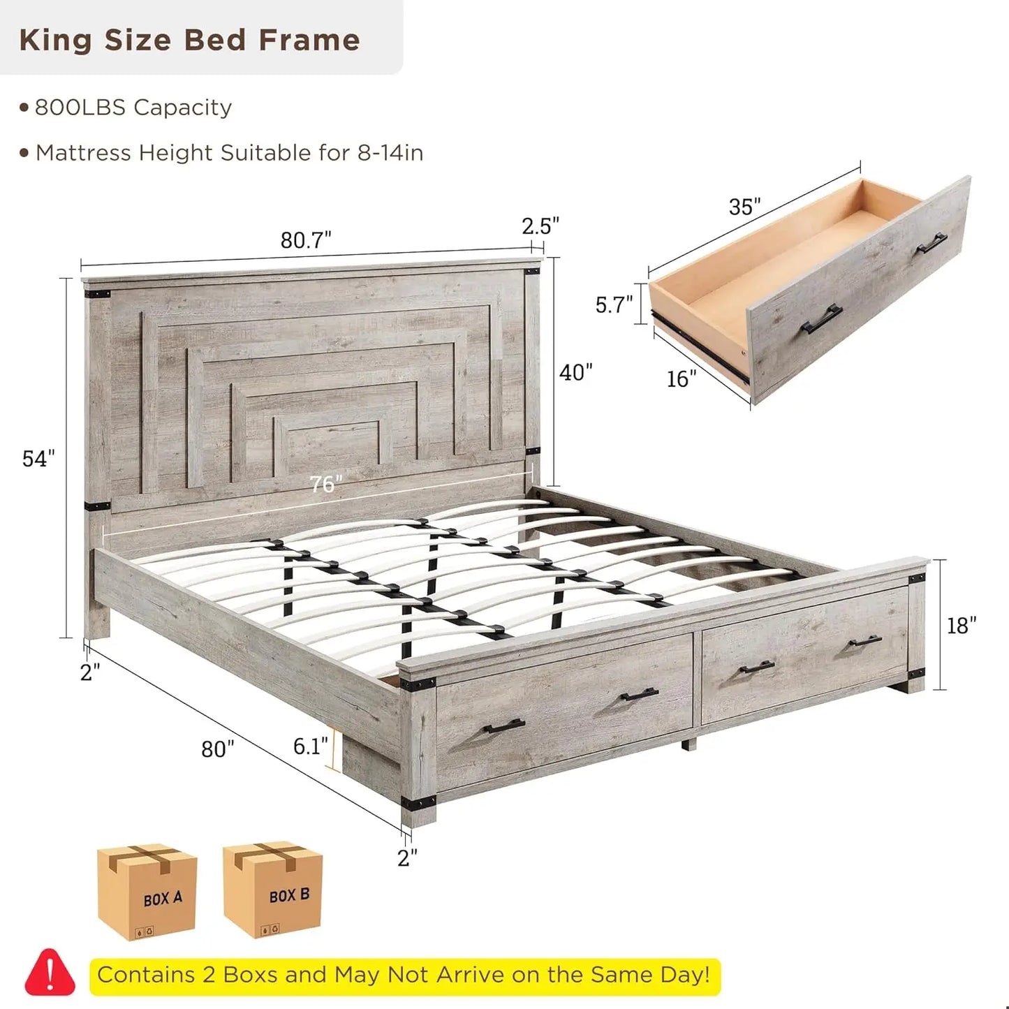 Bed Frame Farmhouse King Size Wood with 54" Tall Geometric Headboard, 2 Large Storage Drawers, Solid Wood Slats Support