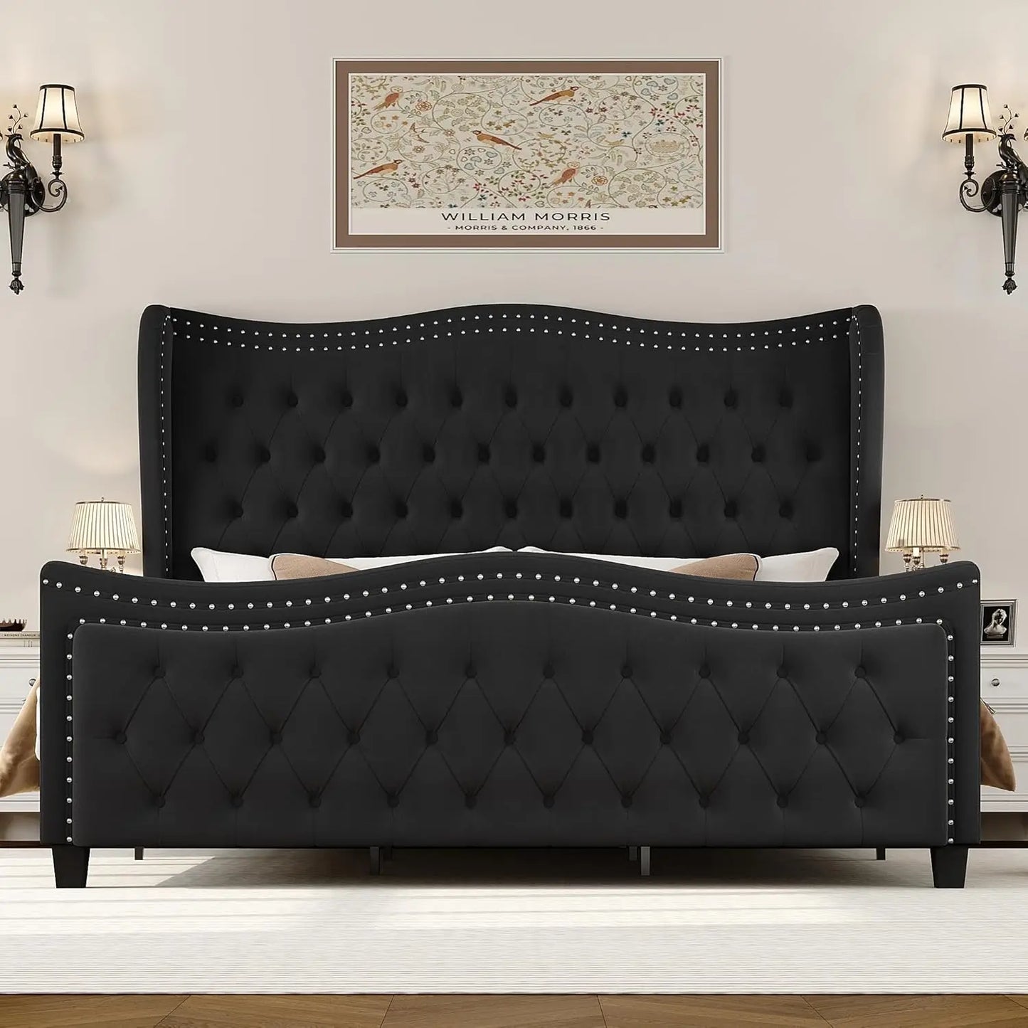 Bed Frame King Size 55" Headboard Upholstered Bed with Tall Footboard Velvet Handmade Pleats Deep Button Tufted Wingback Platform Bed