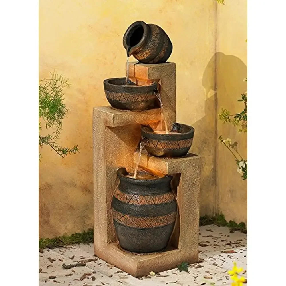 Rustic Stoneware Bowl & Jar Outdoor Water Fountain 46" High LED Light Cascading Garden Patio Backyard Lawn Southwest Style