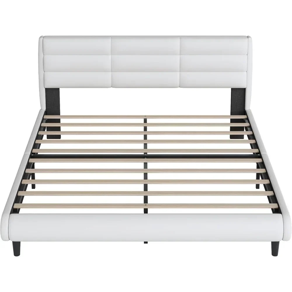 Upholstered Platform King Size Bed with LED Light Strips, Bed Frame with Headboard & Slat Support，No Box Spring Needed，Bed Frame