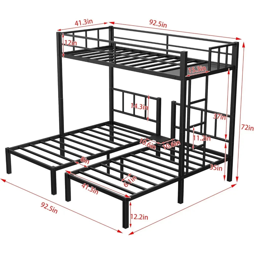 Bunk Beds Black Metal Triple Frame, Twin Over Twin & Twin Bunk Bed with Guardrails, Can Be Separated into 3  Beds for Kids, Bed Frames Only