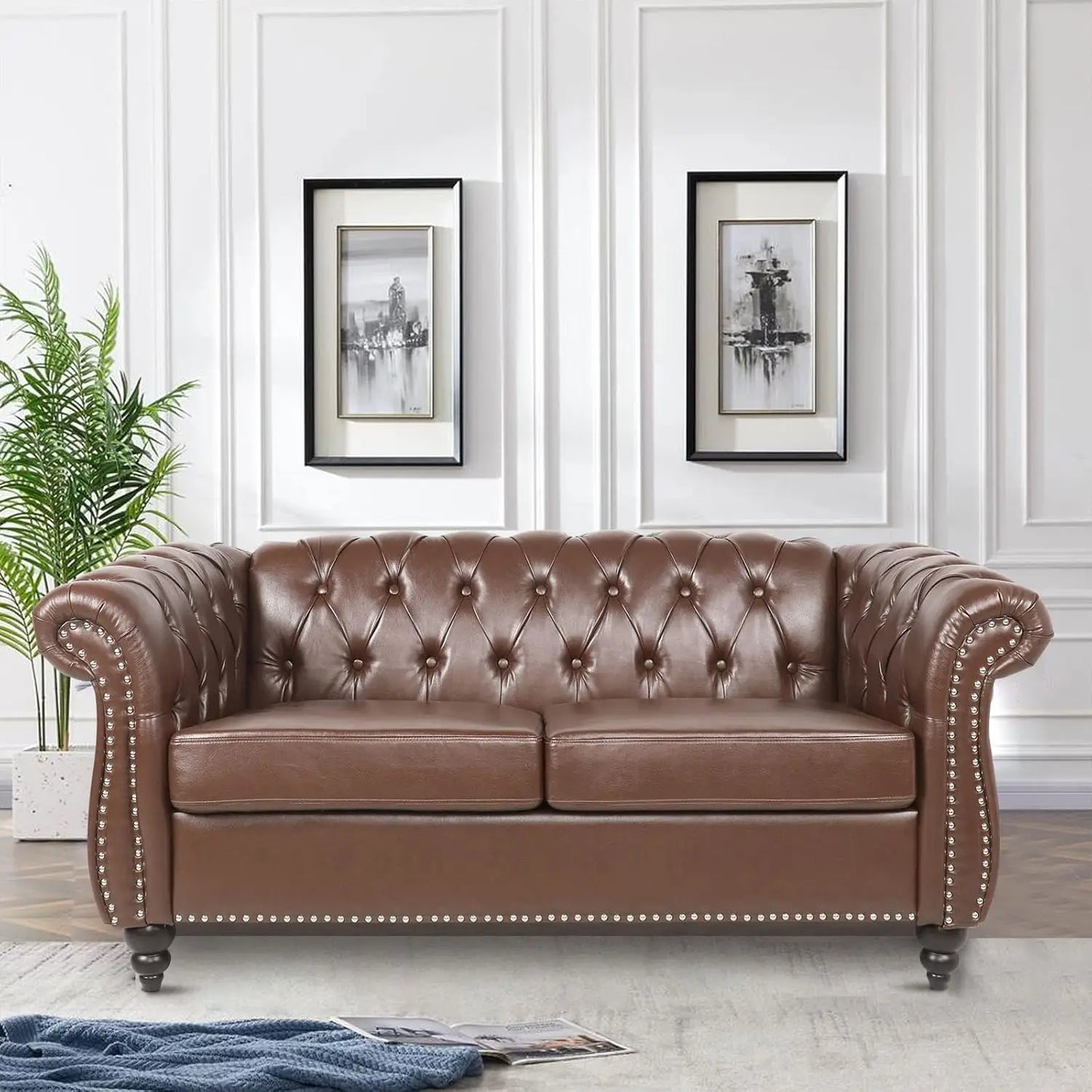 Living Room Couch or Loveseat or Chair, 84" Upholstered Tufted Couch 3 Seater or Loveseat or Chair with Rolled Arms and Nailhead for Living Room, Bedroom, Leather Sofa