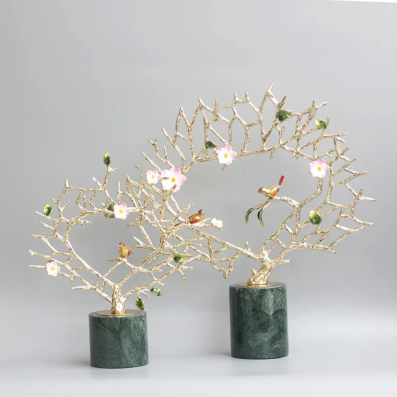 Metal Tree Simulated Plant Crystal Base Marble Grain Enamel Color Handmade Ornaments Golden Hollow Sculpture Figurine