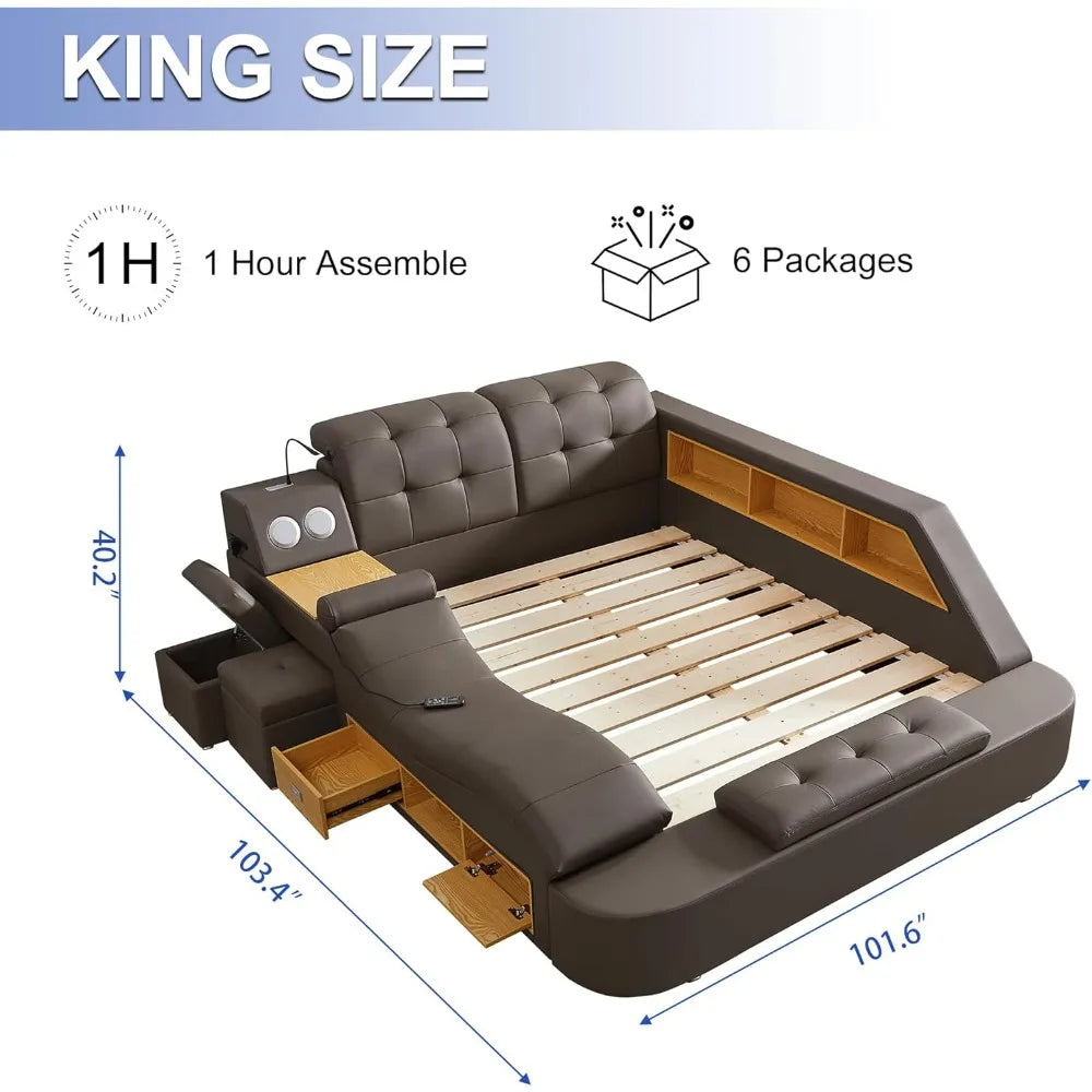 Luxury Smart King Size or Queen SizeBed Frame, Multifunction Bed Frame Upholstered Platform with Massage Recliner/Bluetooth Speaker/USB Charging