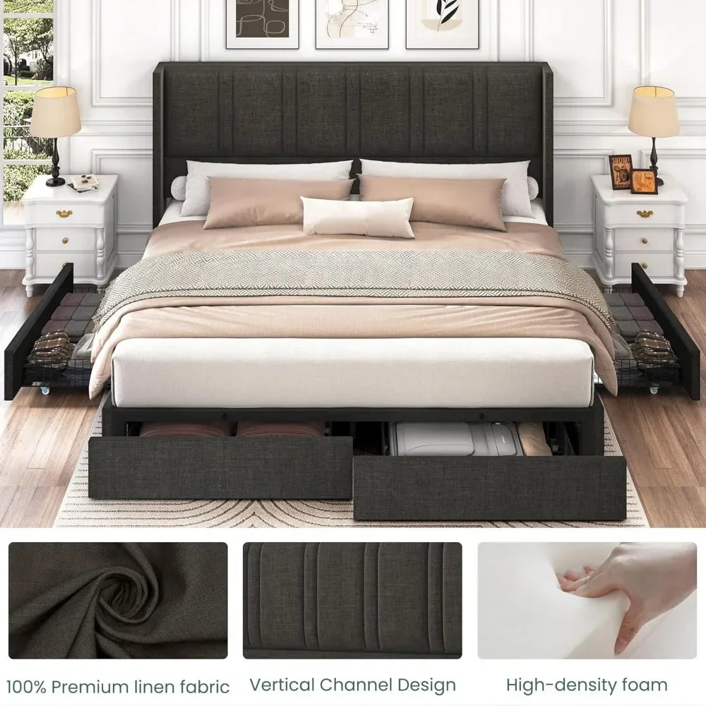 Wingback Headboard King Size or Queen Size, Linen Upholstered Platform Bed Frame with Wooden Slats, Easy Assembly
