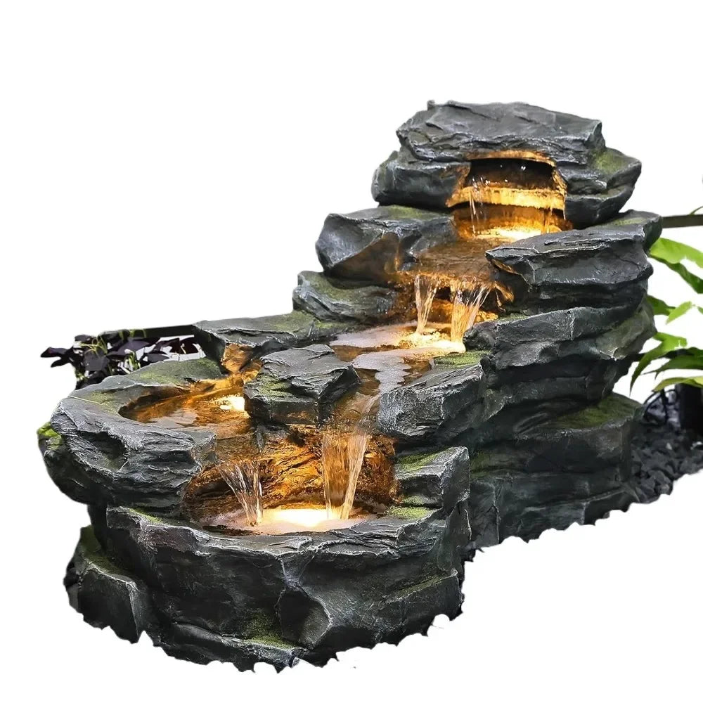 Garden Outdoor Water Fountain, Floor Standing Tiers Rock Natural Waterfall Outdoor Fountains with LED Lights 37" L