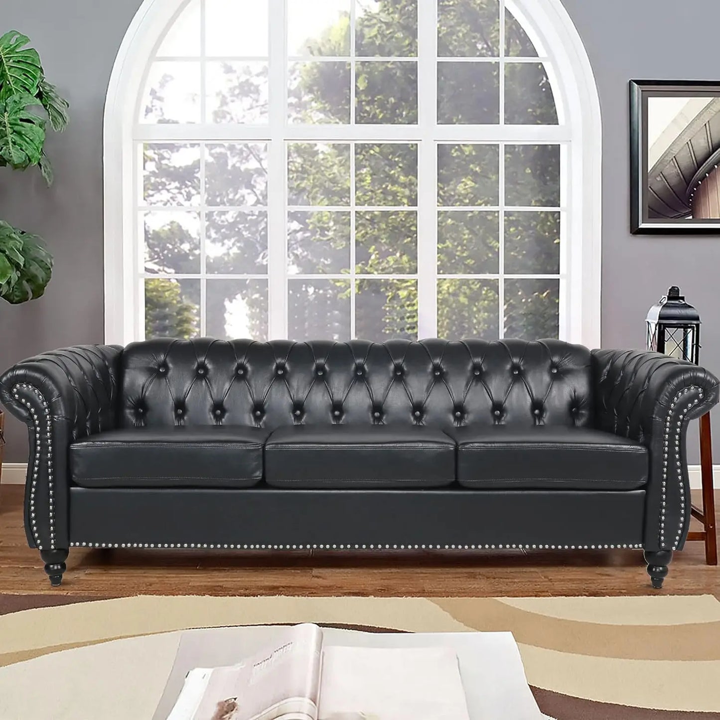 Living Room Couch or Loveseat or Chair, 84" Upholstered Tufted Couch 3 Seater or Loveseat or Chair with Rolled Arms and Nailhead for Living Room, Bedroom, Leather Sofa