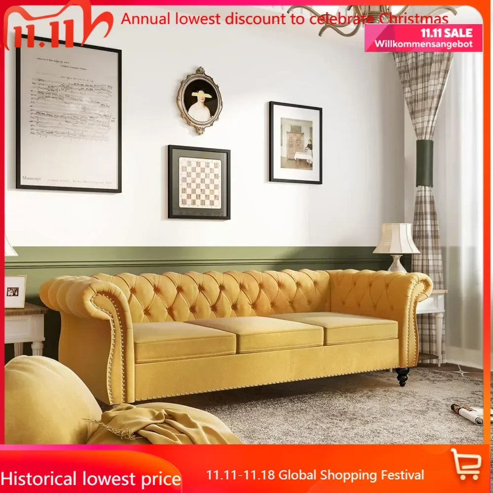 Living Room Accent Large Sofa, Chesterfield Couch 3-Seater Modern Velvet Couch Upholstered Sofa with Tufted Back for Living Room Furniture