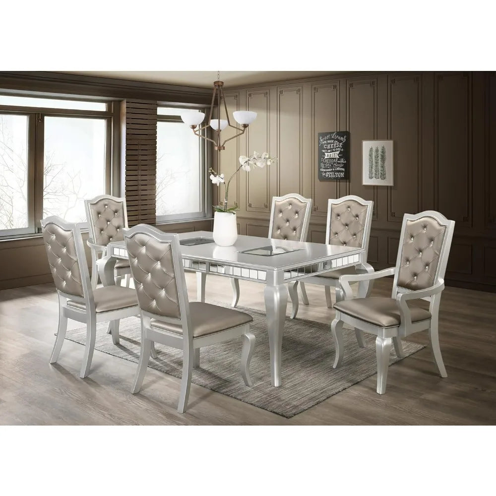 Dining Room Set 7-Piece Set Includes Silver Mirror Trim Rectangular Dining Table with 6 Button Chair in Champagne, Luxurious Furniture Set