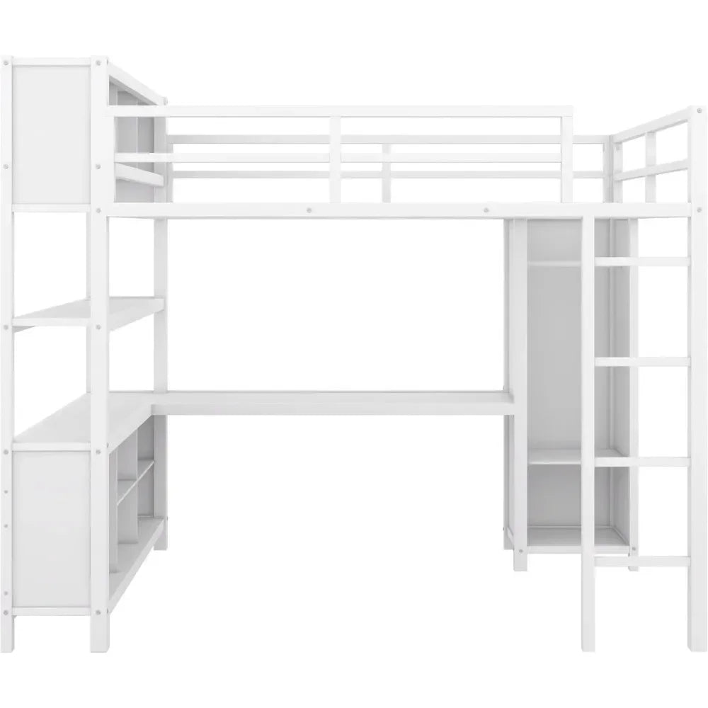 Bunk Beds Full Size Loft Bed with L Shaped Desk and Wardrobe, Heavy Duty Loft Bed with Storage Cubes and Shelves, Loft Bed