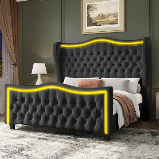 Bed Frame King Size or Queen Size w/LED Lights, 53'' Upholstered Platform Wingback Bed w/Handmade Deep Button Tufted Headboard Footboard