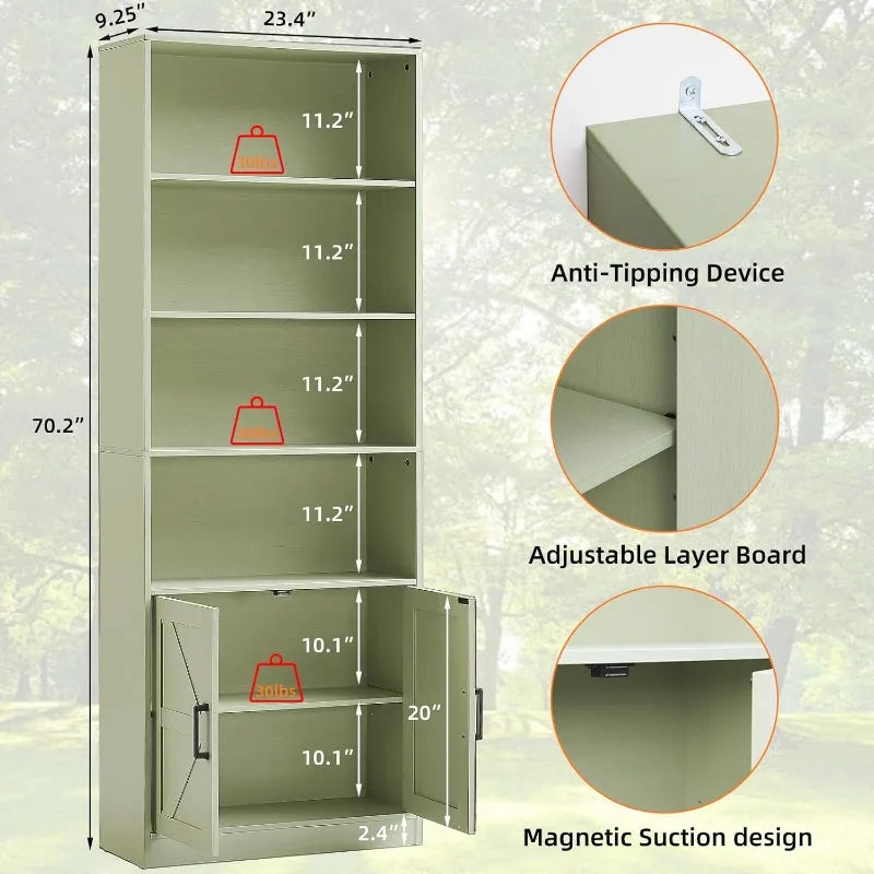 Bookshelf 70in Tall, 6 Tier Bookcase with Barn Doors and Adjustable Shelf, Green Farmhouse Book Shelves Storage Cabinet
