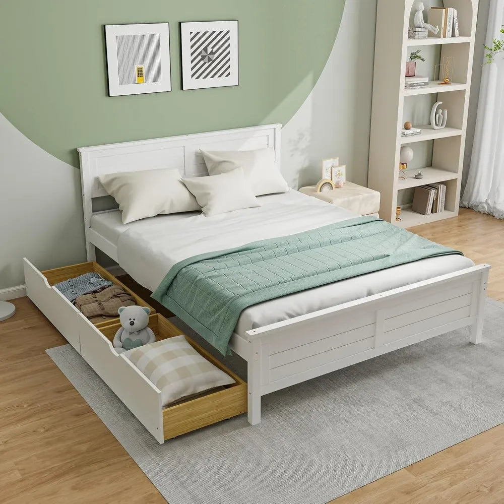 Bed Frame Full Size or Twin Size with 2 Storage Drawers, Solid Wood Platform Bed with Headboard, No Spring Needed, Wood Bed Frame