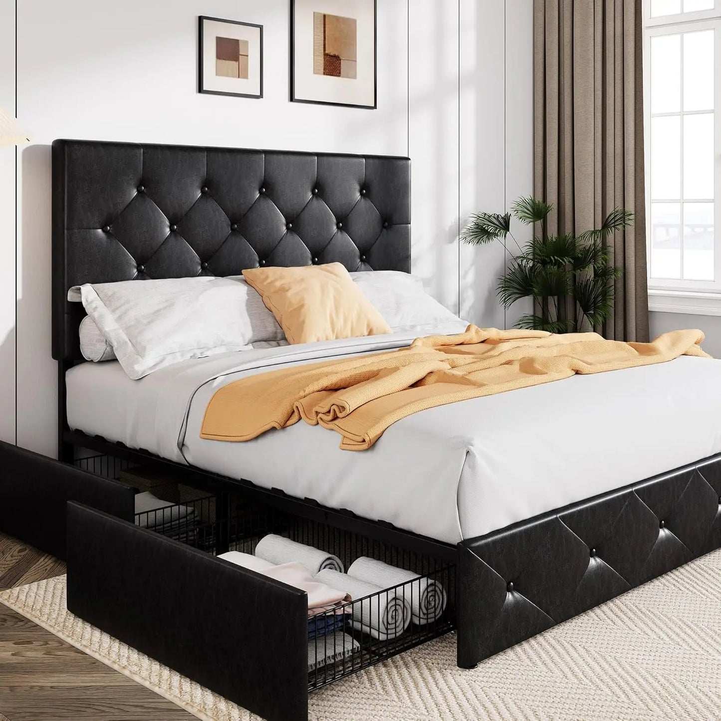 Bed Frame Black Metal King Size Faux Leather Platform with 4 Drawers, Adjustable Headboard, No Box Spring Needed