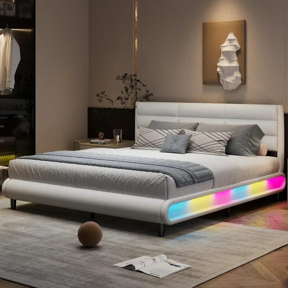 Upholstered Platform King Size Bed with LED Light Strips, Bed Frame with Headboard & Slat Support，No Box Spring Needed，Bed Frame