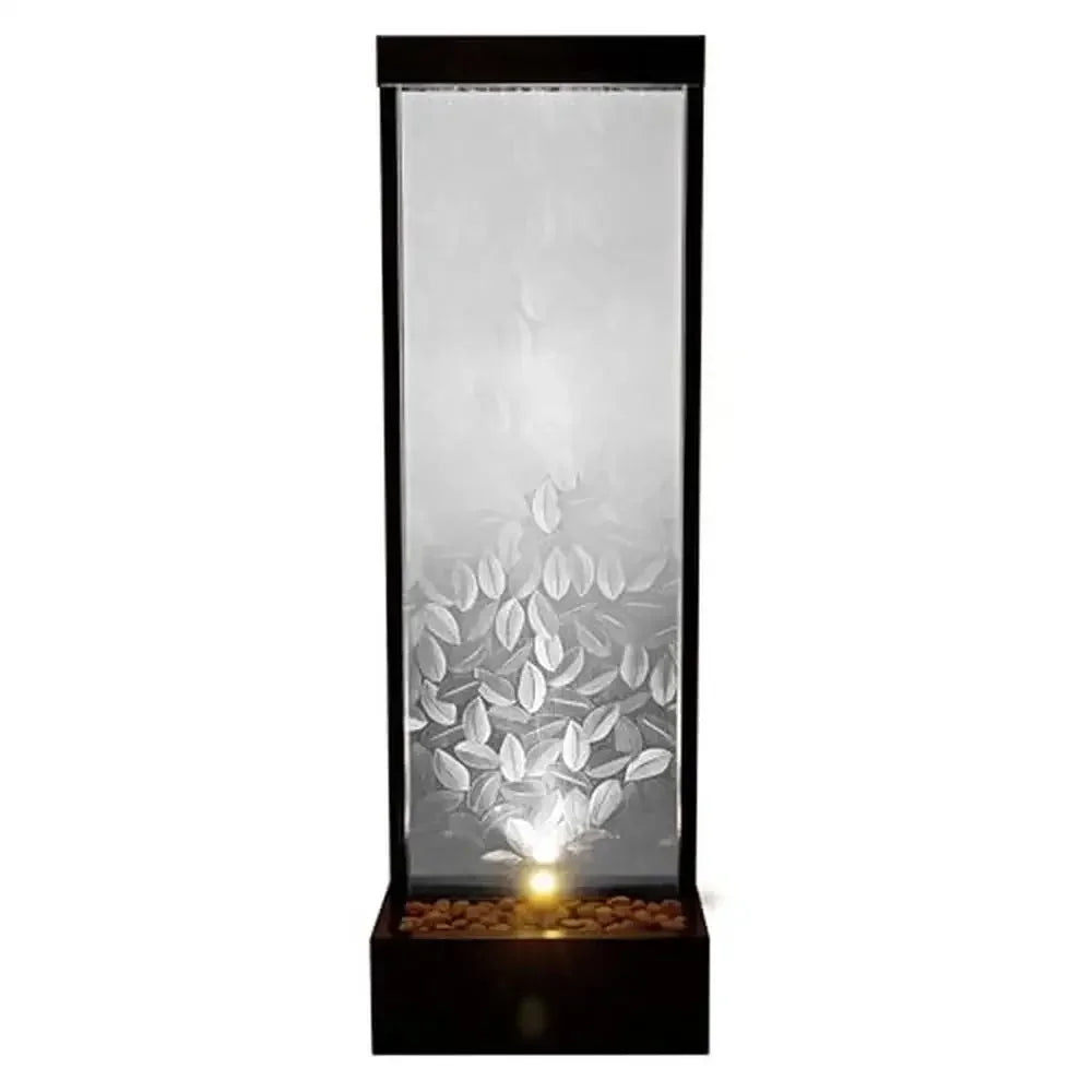 Modern Glass Panel Fountain with LED Light 72" Indoor/Outdoor Waterfall Embossed Leaves Design Relaxing Water Sounds Durable