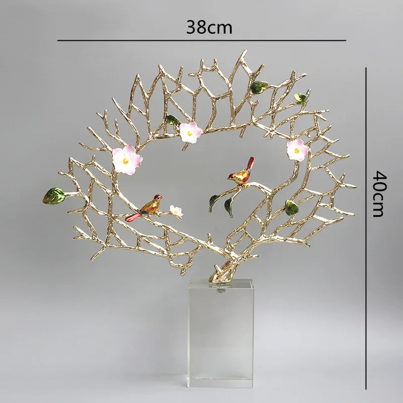 Metal Tree Simulated Plant Crystal Base Marble Grain Enamel Color Handmade Ornaments Golden Hollow Sculpture Figurine