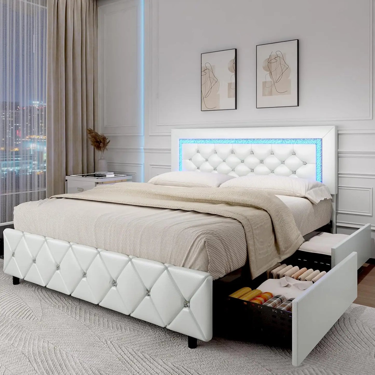 Bed Frame King Size with LED Lights and Storage Drawers, Upholstered Platform Bed with Crystal Tufted Headboard, Wooden Slats