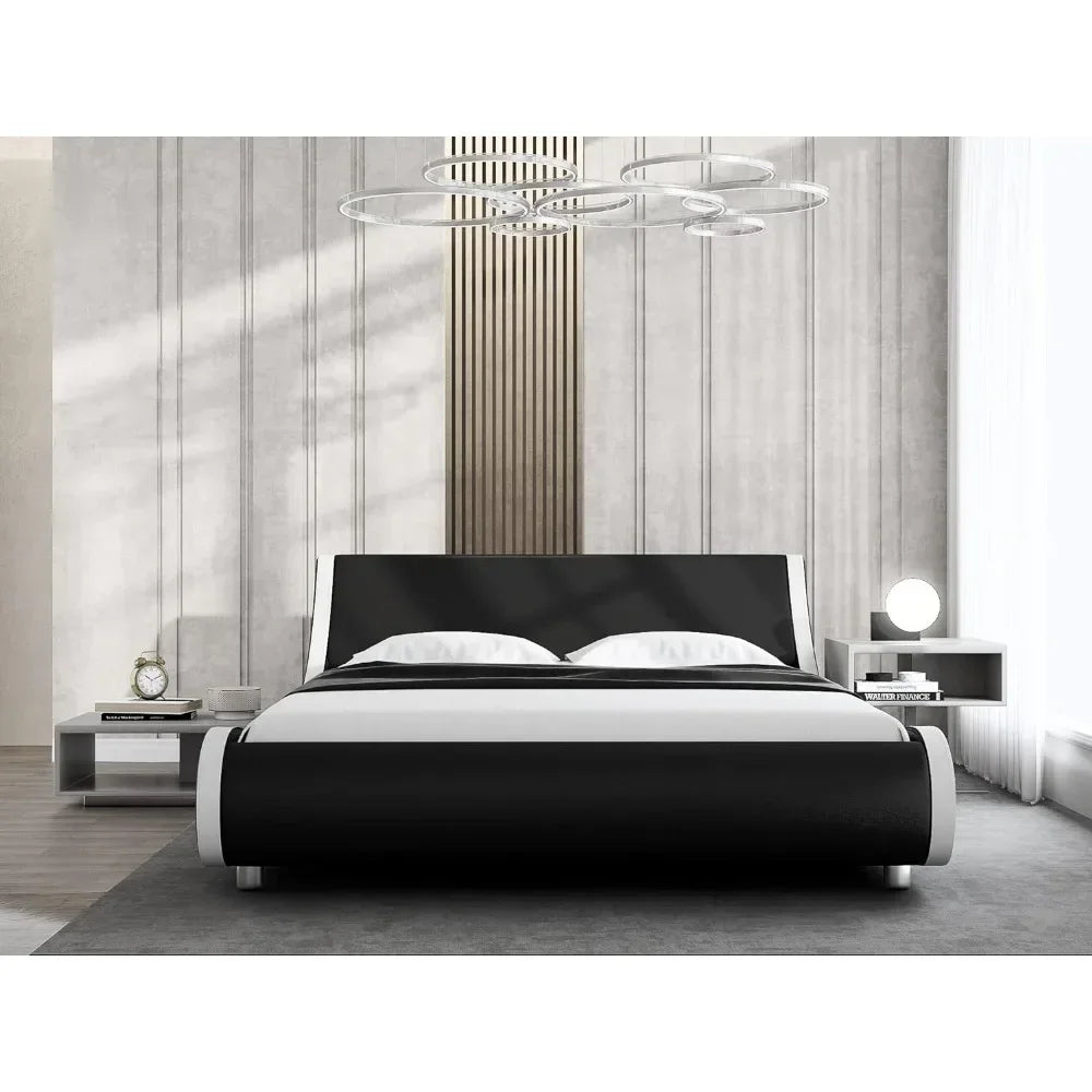 Soft padded oversized platform King Size bed frame, sled bed, artificial leather headboard, wooden board support, easy to assemble