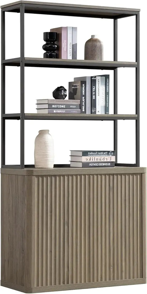 Book Shelf Fluted Bookshelf Tall Bookcase with Doors Storage 5 Tier Mid Century Modern Bookshelves for Library (1 or 2 PCS), Bookcases