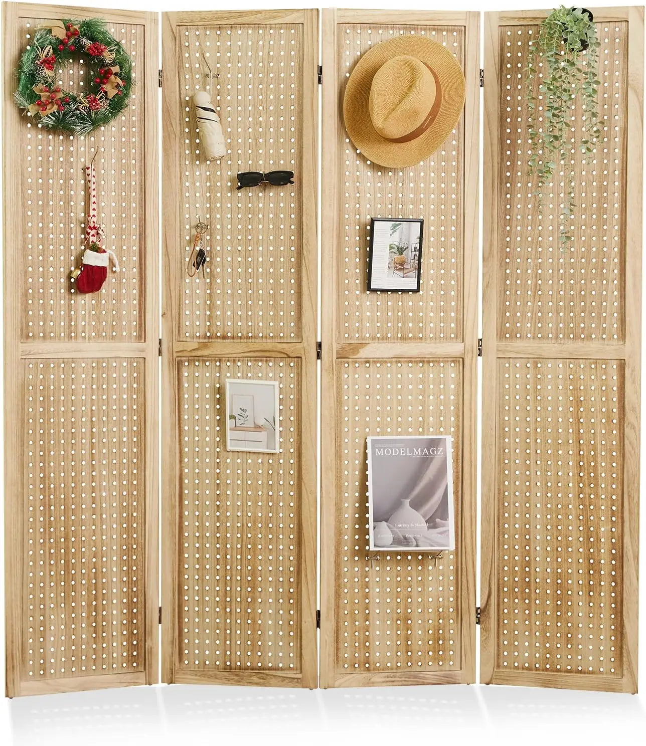 Pegboard Display, 5.6Ft Portable Freestanding Wall Organizer Wooden Room Divider Folding Privacy Screens for Craft Art Display B