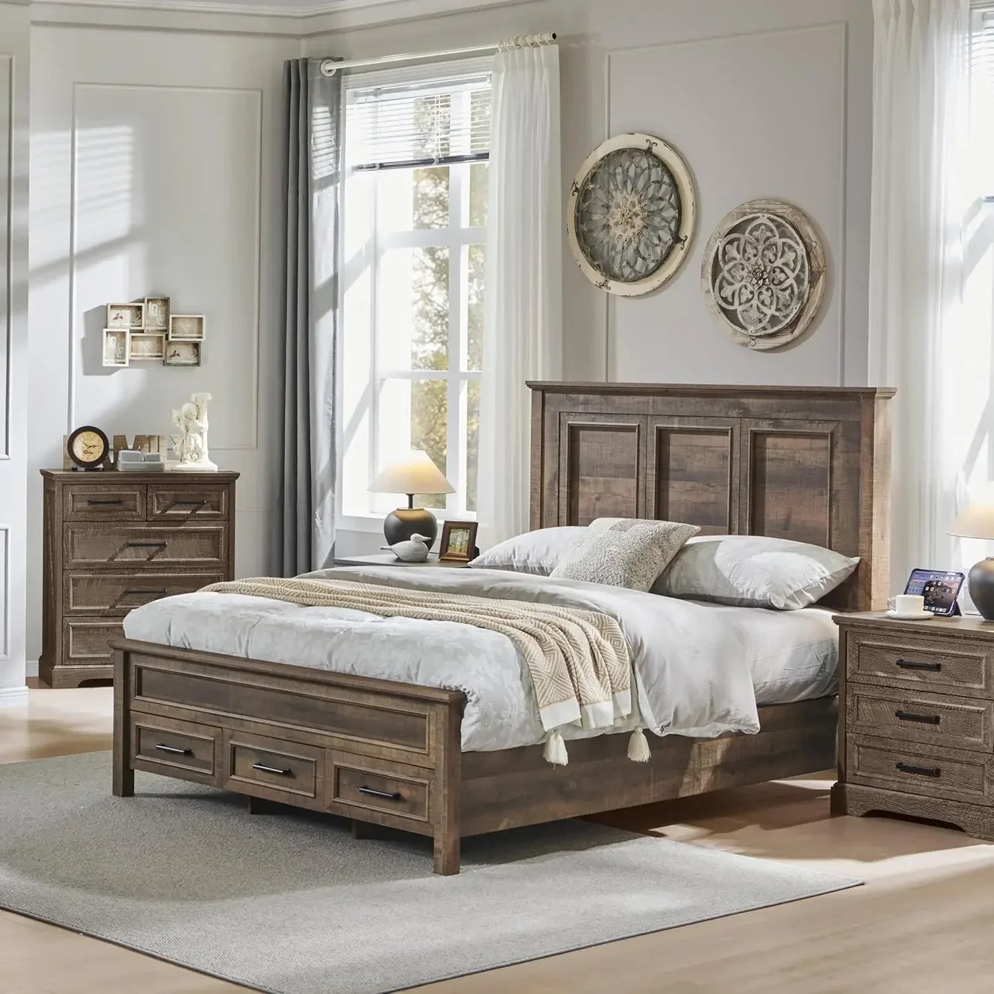 Bed Frame Queen or Full size with 52" Tall Full-Panel Headboard, Wood Platform Bedframe with Footboard and Storage Drawers, No Squeak, No Box Spring Needed