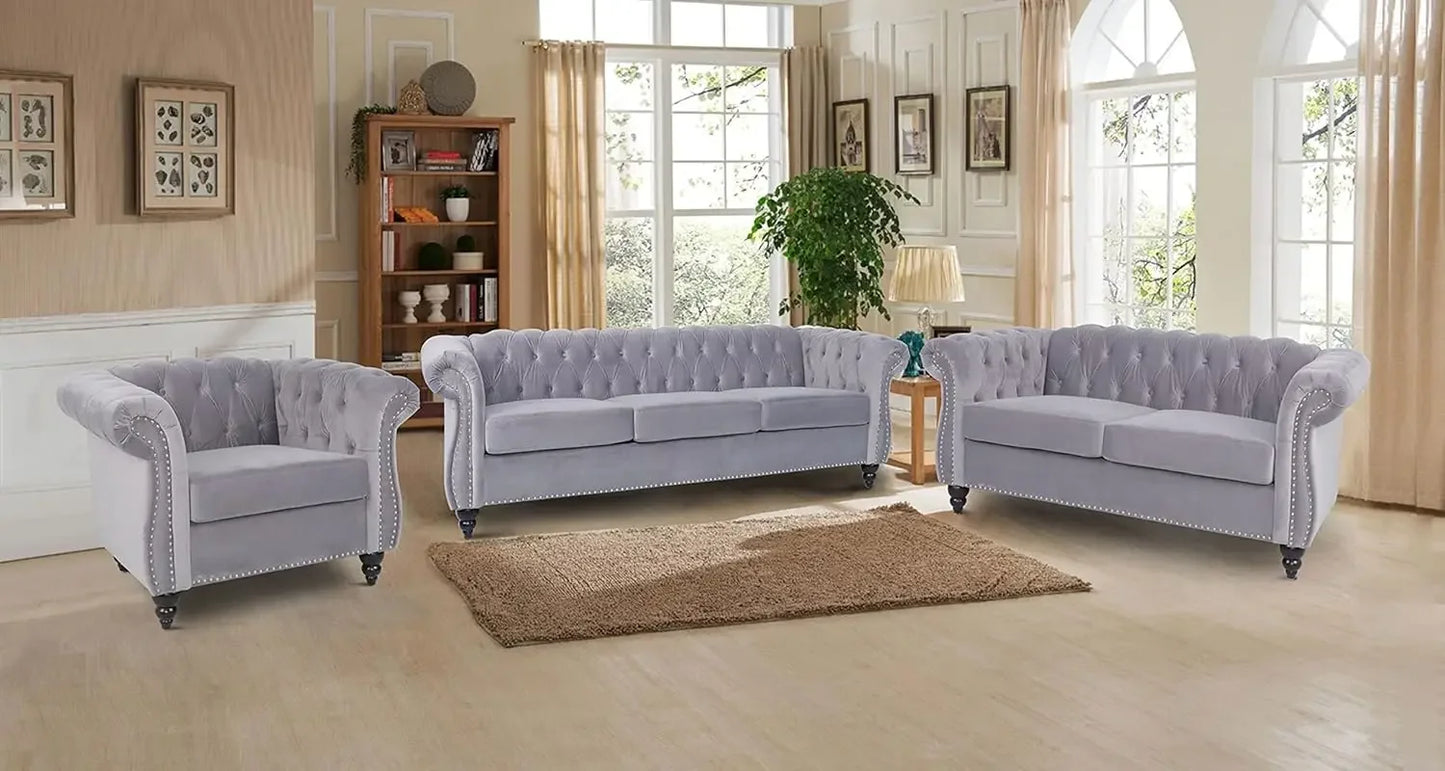 Living Room Furniture Sofa Set 3-Piece, Modern Velvet Chesterfield Sofa & Chesterfield Club Chair & Chesterfield Loveseat