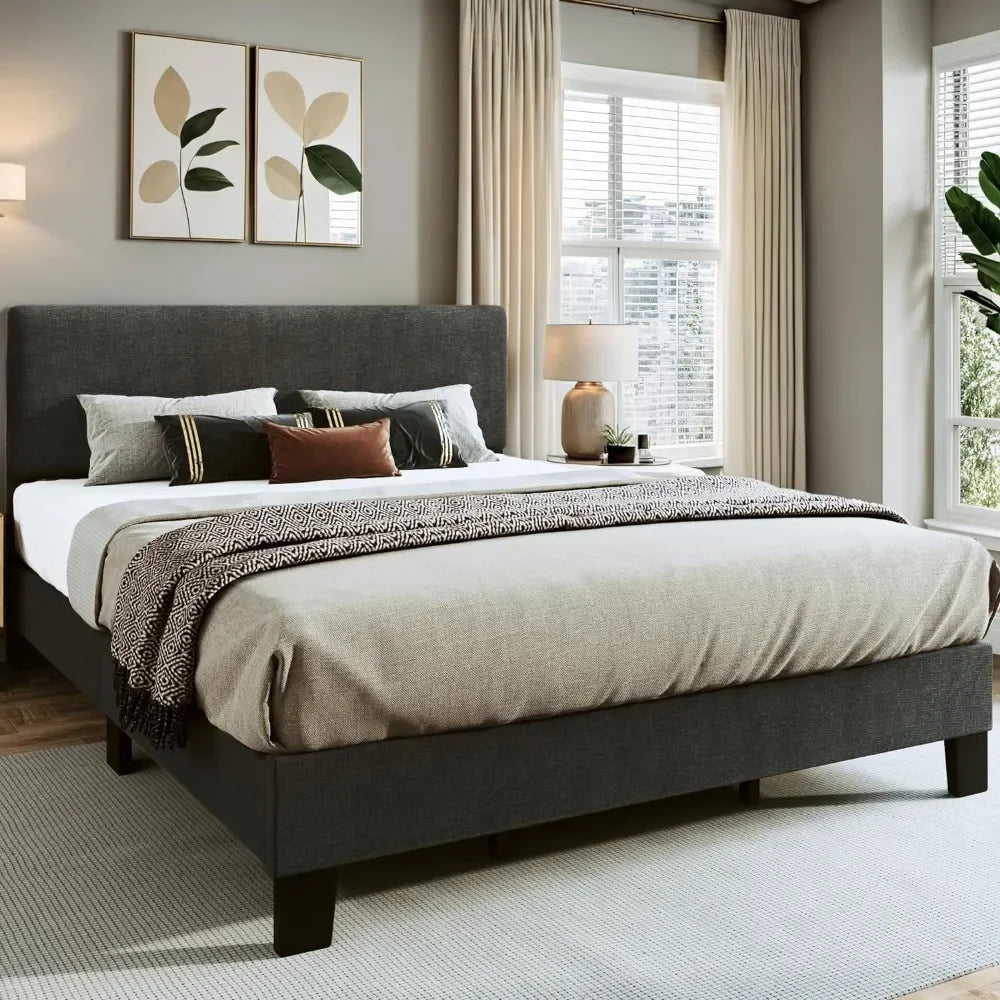 Bed Frame King Size with Adjustable Headboard Upholstered Platform Linen Fabric Headboard Wooden Slats Support Grey Bed Frame