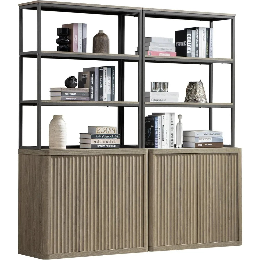 Book Shelf Fluted Bookshelf Tall Bookcase with Doors Storage 5 Tier Mid Century Modern Bookshelves for Library (1 or 2 PCS), Bookcases